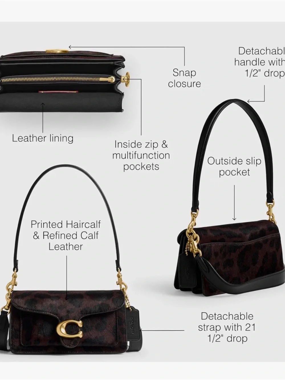 Coach Leopard-Print Shoulder Bag in Brown and Black with Gold Hardware